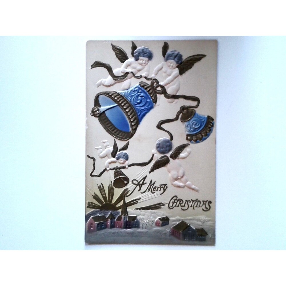 Vintage Embossed Christmas Postcard Angels Bells Winter Village Scene c. 1910s